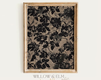 Abstract Botanical Print, Printable Wall Art, Dark Moody Floral Vintage Painting, Digital Download