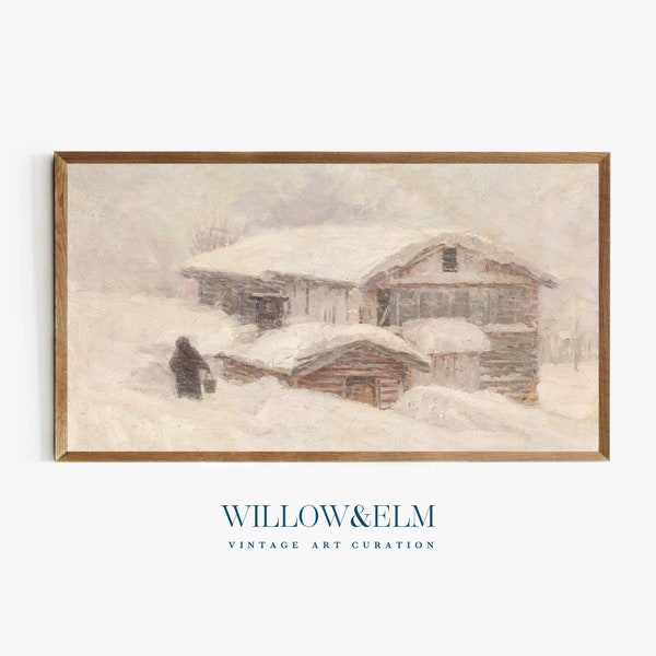 Winter Frame TV Art | Snowy Vintage Landscape Painting | Muted Beige Farmhouse Style | Log Cabin | Instant Digital Download