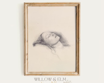 Neutral Beige Ophelia Sketch Art Print – Vintage Digital Download, Millais Drawing