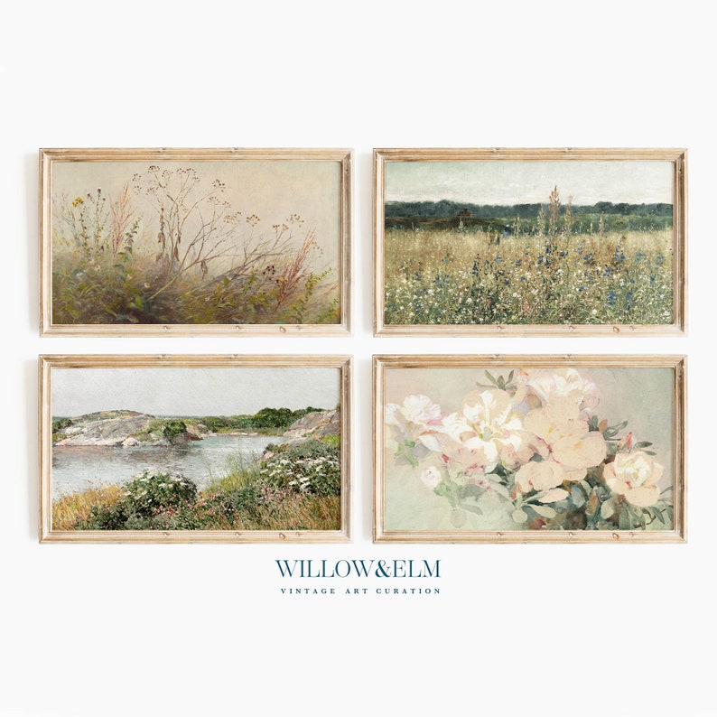 Samsung Frame TV Art Spring Bundle Set of 4 Wildflowers Field Flower Meadow Vintage Painting Digital Download image 1