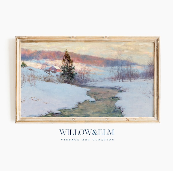 Samsung Frame TV Art | Winter Landscape Painting | Snow, Stream, Mountains, Hut, Barn | Old Vintage Artwork | Digital Download