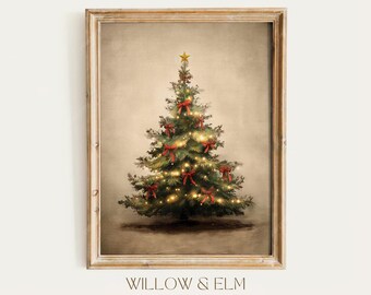 Arte mural imprimible de árbol de Navidad beige melancólico: póster de pintura al óleo retro vintage