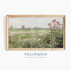 Samsung Frame TV Art Spring | Pink Wildflower Field | Flower Meadow | Vintage Painting | Digital Download