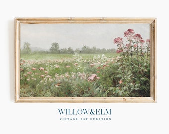Samsung Frame TV Art Spring | Pink Wildflower Field | Flower Meadow | Vintage Painting | Digital Download