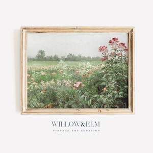 Spring Wildflower Field Print, Pink Flowers, Digital Art, Printable Download