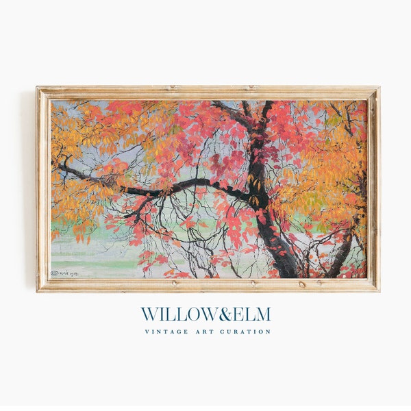 Samsung Frame TV Art | Autumn Fall Leaves | Vintage Tree Painting | Red, Orange, Yellow | Digital Download