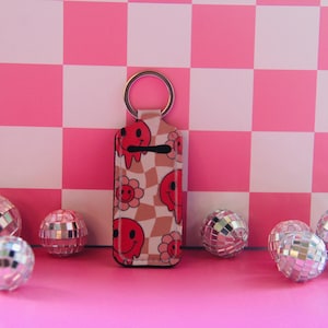 Pink Smiley Face Keychain-Trendy Chapstick Holder-Cute Chapstick Holder Keychain-Keychain Accessories-Lip Balm Holder-Cute Accessories