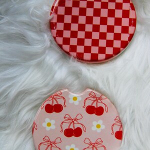 Cherry and Checkered Car Coasters-Trendy Car Coasters-Cute Car Coasters-Ceramic Car Coaster-Absorbent Car Coaster-Gift for Her-Car Accessory