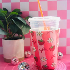 Strawberry and Stripes Iced Coffee Sleeve-Pink Striped Sleeve-Iced coffee sleeve-Coffee sleeve-Cold beverage sleeve-Sleeve for 16oz drink