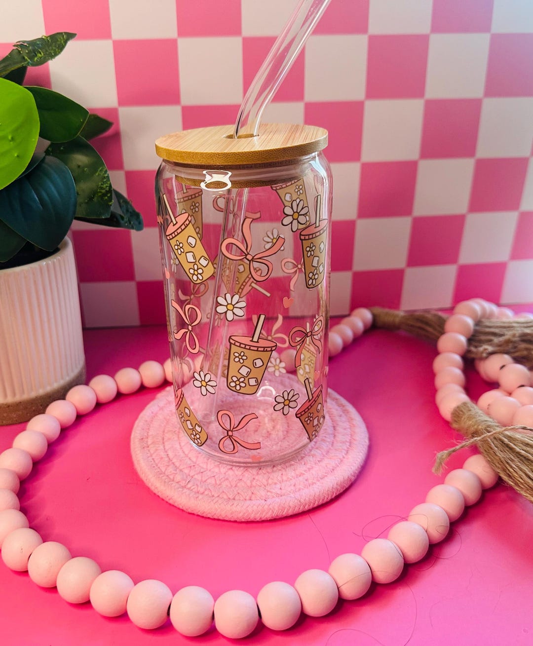 Coquette Iced Coffee Glass Cup With Bamboo Lid & Straw - Etsy