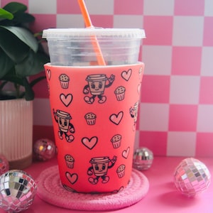 Cute Retro Iced Coffee Sleeve-Iced Coffee Cartoon-Iced coffee sleeve-Coffee sleeve-Cold beverage sleeve-Sleeve for 16oz cold drinks-