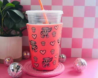 Cartoon Iced Coffee Sleeve - Retro Beverage Cozy