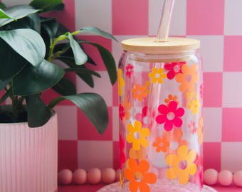 Retro Daisy Glas Eiskaffeetasse mit Bambusdeckel & Strohhalm