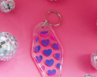 Holografisch Herz-Motel Schlüsselanhänger: Retro Pink Schlüsselring