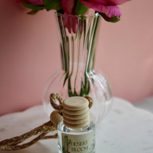 Puede incluir: Un pequeño frasco difusor de coche de vidrio transparente con tapa de madera clara y un cordón trenzado. La etiqueta muestra una ilustración de un cactus y el texto "DESERT BLOOM 8 ml Car Diffuser Hand Poured in Gila, KS Gettin' Wicky With It" en negro.