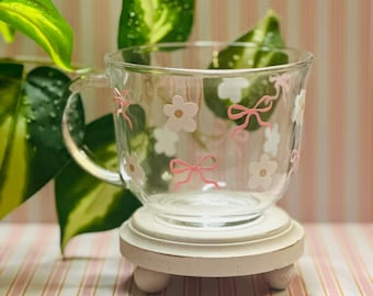 Girly Glass Mug: Coquette Daisies & Bows - Pink Floral Coffee Cup