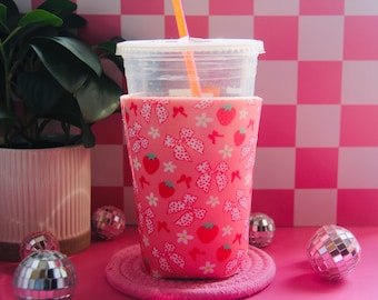Strawberry Iced Coffee Sleeve: Pink Drink Cozy for 16oz