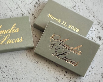 Green Personalized Wedding Matches, Gold Foil Initials Matchboxes, Custom Names Date Matches, Elegant Table Decor Matches
