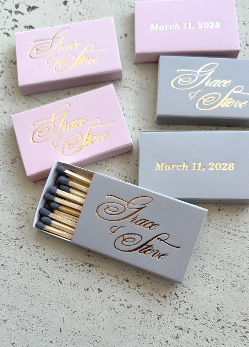 Wedding Matches with gold foil, Custom Name Matchboxes, Elegant Favor Matches, Reception Table Details image 6