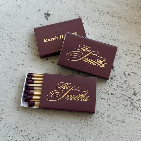 Cerillas de boda con iniciales, cajas de cerillas personalizadas con nombres, elegantes cerillas de recuerdo, detalles para la mesa de recepción.