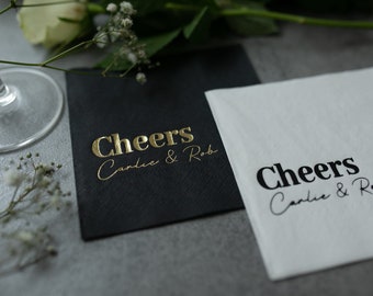 Serviettes de table Cheers, serviettes de mariage personnalisées, feuille d'or, serviettes de table personnalisées, serviettes pour mariage, serviettes de cocktail, serviettes de table pour boissons