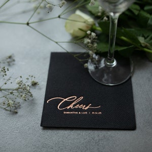 Custom Cocktail Napkins for Wedding, Engagement,  Soft linen like napkins, luxury wedding napkins, custom foil napkins, cheers napkins