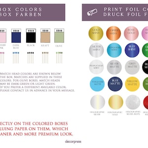 May include: A color chart displaying box options in white, light grey, powder pink, dark blue, black, kraft, olive, light blue, and dark port wine, alongside a grid of foil print colors including shiny, matte, and holographic finishes.