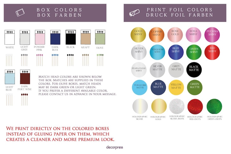 May include: A color chart displaying box options in white, light grey, powder pink, dark blue, black, kraft, olive, light blue, and dark port wine, alongside a grid of foil print colors including shiny, matte, and holographic finishes.