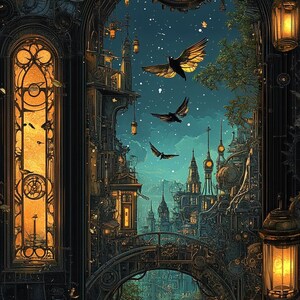 May include: A steampunk-style illustration of a city with a clock tower and a bridge. The city is seen through a large archway with a clock face above it. The sky is dark blue with stars and there are birds flying in the sky.