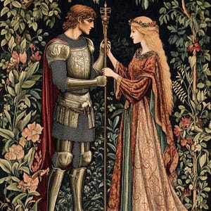 May include: A tapestry depicting a knight in armour and a woman in a long gown standing together in a woodland setting. The knight is holding a staff with an ornate top. The woman is wearing a crown of flowers and has long flowing hair. The background is filled with lush greenery and flowers.