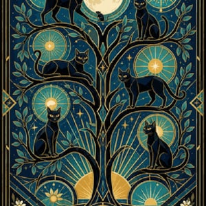 Puede incluir: Una lámina rectangular con fondo azul oscuro y la silueta de un árbol central. Seis gatos negros están posados en las ramas. El diseño incluye una luna grande, destellos solares dorados, patrones geométricos y flores blancas en la base.