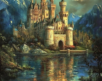 May include: A large, stone castle with many towers and spires sits on a rocky outcropping overlooking a still lake. The castle is illuminated by the light of a full moon, which is reflected in the water. The scene is set in a forest, with tall trees and mountains in the background.