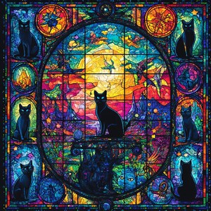 May include: A stained glass window with a colorful design featuring a sunset, clouds, and a flock of birds. There are nine black cats in the window, some looking out and some looking in.