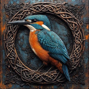 May include: A blue and orange kingfisher bird with a long beak is perched inside a circular, intricate, brown metal frame. The frame is made of interwoven branches and has a rustic, aged appearance.