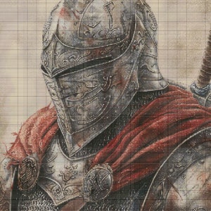 May include: A close-up of a knight in armor, wearing a helmet with intricate details and a red cape. The armor is silver and has a chainmail design. The knight's face is obscured by the helmet.