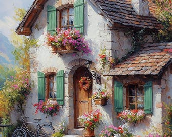 May include: A white stone cottage with a brown tiled roof, green shutters, and a wooden door. The cottage is surrounded by lush greenery and flowers in pots. A bicycle is parked in front of the cottage.