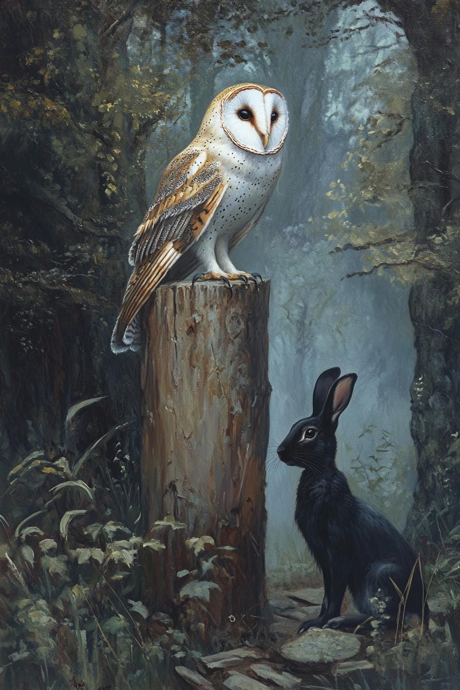 Barn Owl and Black Hare cross stitch pattern. Instant PDF Download. 60k Stitches.