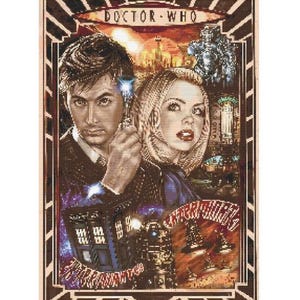 May include: Cross stitch pattern chart for a Doctor Who themed design featuring a portrait of the Doctor and a companion. The design includes the text "DOCTOR WHO" and a TARDIS.