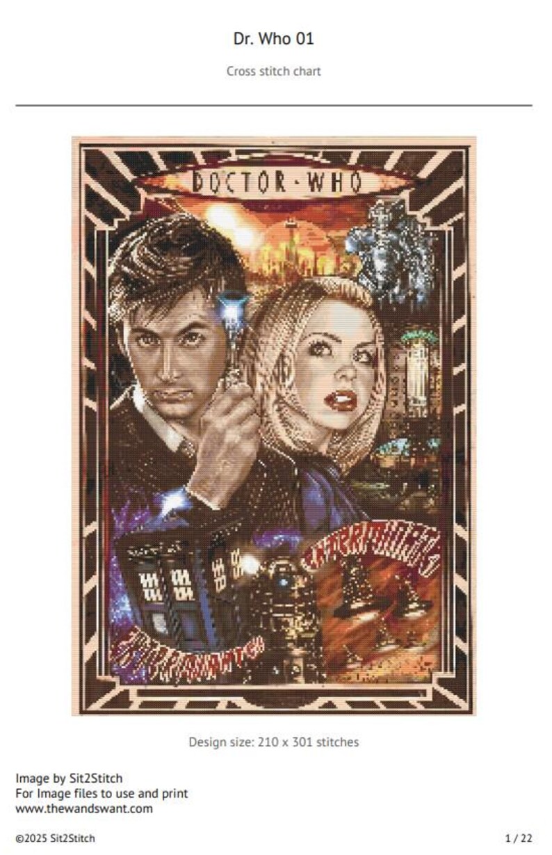 May include: Cross stitch pattern chart for a Doctor Who themed design featuring a portrait of the Doctor and a companion. The design includes the text "DOCTOR WHO" and a TARDIS.