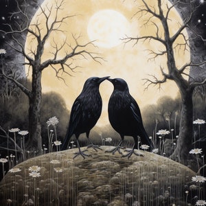 May include: Two black birds with beaks touching, perched on a rock under a large, yellow moon. The moon is surrounded by a dark sky with white stars. The birds are surrounded by white flowers.