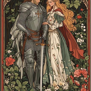 Op de afbeelding: Een ridder in zilveren harnas met een zwaard staat naast een vrouw in een witte jurk met bloemenpatronen. Ze worden omringd door weelderig groen en roze bloemen.