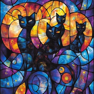 May include: A stained glass artwork featuring three black cats in a colorful abstract design. The cats are silhouetted against a background of blue, purple, and orange glass.