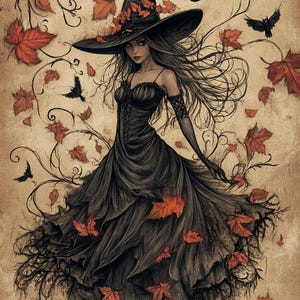 Puede incluir: Una bruja con el pelo largo y negro que lleva un vestido negro y un sombrero negro puntiagudo adornado con hojas de otoño. Está rodeada de hojas que giran y cuervos.