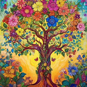 Floral Tree of Life, vibrant cross stitch pattern. Instant PDF Download. 65,618 Stitches.
