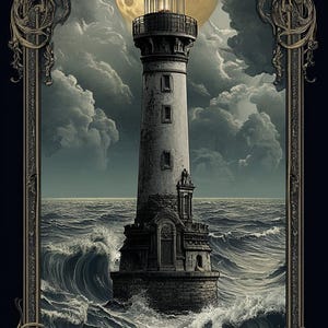 Pode incluir: Uma ilustração em preto e branco de um farol com uma grande lua no fundo. O farol é cercado por ondas quebrando e é emoldurado por uma moldura decorativa adornada.
