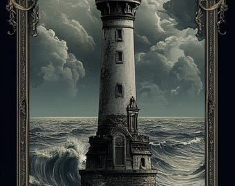 May include: A black and white illustration of a lighthouse with a large moon in the background. The lighthouse is surrounded by crashing waves and is framed by a decorative ornate frame.