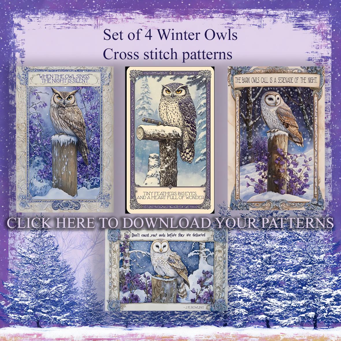 Set of 4 Winter Owl cross stitch patterns. Instant PDF Download. Check description for details.