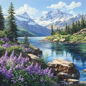 Puede incluir: Una pintura de paisaje que representa una cordillera con picos cubiertos de nieve que se reflejan en un lago tranquilo. Árboles verdes exuberantes y flores silvestres de color púrpura vibrante bordean la orilla.