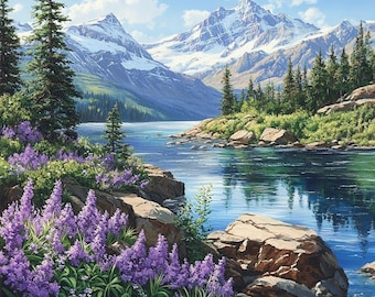Landscape Snow Mountains, Lake cross stitch pattern. Instant PDF Download. 62,500 Stitches.