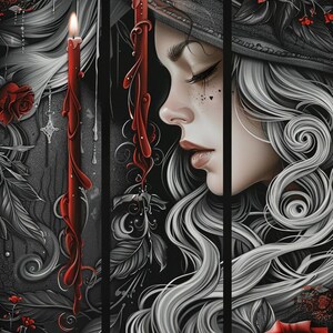 Goth Witch with Red Roses Cross Stitch Pattern. Instant PDF Download. 60k Stitches